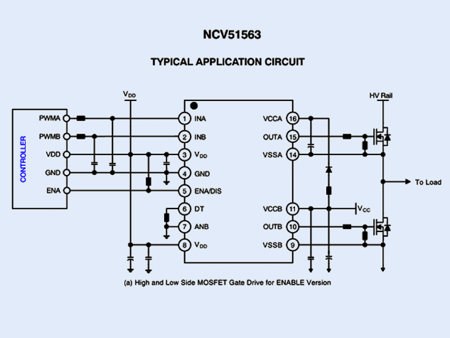 NCV51563：高CMTI雙通道隔離柵極驅(qū)動器 附引腳圖及典型應(yīng)用電路圖
