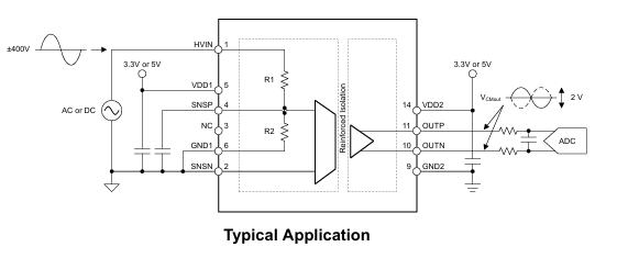 AMC0380D典型應(yīng)用電路圖 AMC0380D典型應(yīng)用電路圖